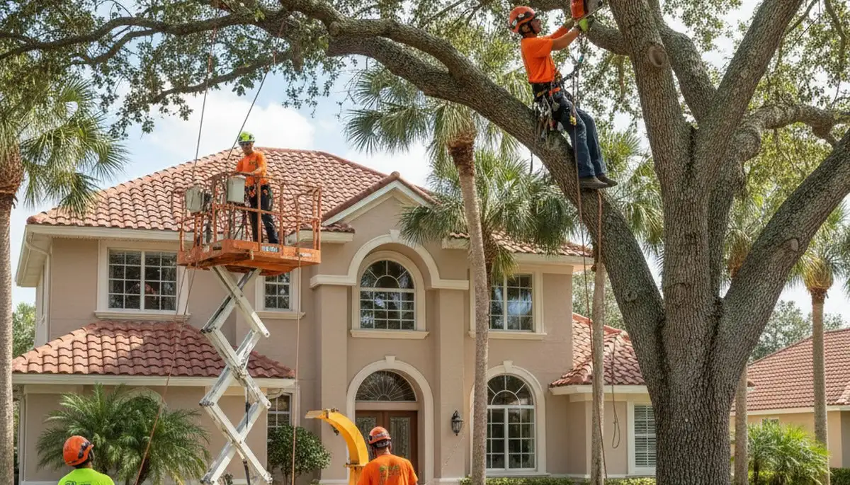 Tree service crew in Brandon, FL performing professional tree trimming and removal on a residential property